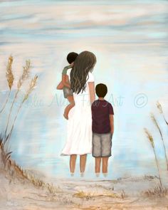 a painting of a mother and son standing on the beach looking out at the water