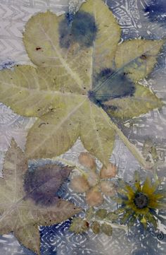 an image of leaves and flowers on the ground with watercolors in it's background