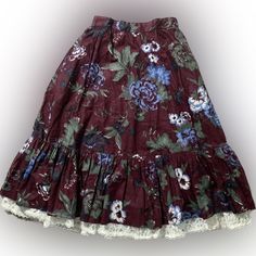 Vintage 80s Gunne Sax Multicolor Floral Prairie Skirt With The Most Beautiful Mulberry Eggplant Backdrop Accented With Dramatic Black, Cream And Blue Gothic Flowers, And A Lace Under-Trim Overall Great Preowned Condition Has A Little Snag At The Waistband Button Area Needs A Replacement Button Labeled Juniors Sz 7 Looks Around A Size Small Please Check The Measurements Prior To Purchase As There Are No Returns For Fit Issues 36” Long 26” Around The Waistband 20/21ish” Across Hips This Is Some Of Gothic Flowers, Gothic Floral, Sublimation Ideas Projects Inspiration, Prairie Skirt, Sublimation Ideas, Gunne Sax, Black Cream, Cute Designs, Blue And Purple