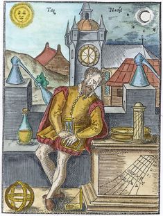 an illustration of a man sitting on top of a table next to a clock tower