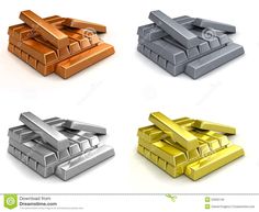 four different types of gold, silver and bronze bars on white background royalty photo - illustration