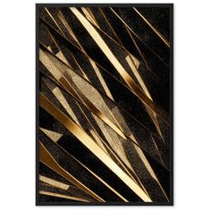 an abstract black and gold painting with metallic strips