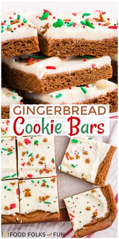 gingerbread cookie bars with white frosting and sprinkles on top are shown