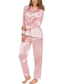 PRICES MAY VARY. ❤ Premium Material --- SWOMOG womens long sleeve pajama set is made of premium satin fabric(95% polyester, 5% spandex), gives you not only skin comfort but also visual comfort.It is lightweight, soft and skin-friendly, catch your beauty sleep in the best basics.Makes you comfortable in the lounge and sleeping time. ❤ Classic Design --- Womens satin pajama set featuring classic sleepwear style:long sleeve button down shirt and long lounge pants.The ergonomic H-shaped loose design Petite Pajamas, 2 Piece Lounge Set, Satin Pajamas Set, Bridal Sleepwear, Silky Pants, Silk Pajamas Women, Pyjama Satin, Pyjamas Set, Bridesmaid Pyjamas