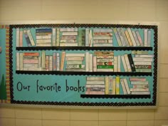 a sign that says our favorite books on the side of a wall in a bathroom