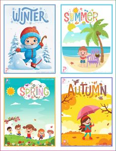 four children's books with the words winter, spring and autumn written on them