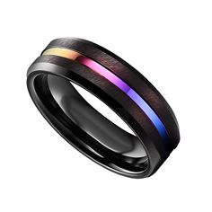 men's black ceramic ring with rainbow inlay