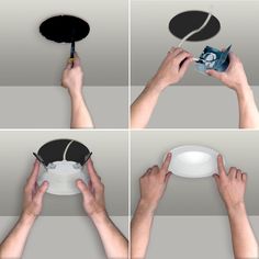 four photos showing how to make a paper hat with scissors and glue on the top