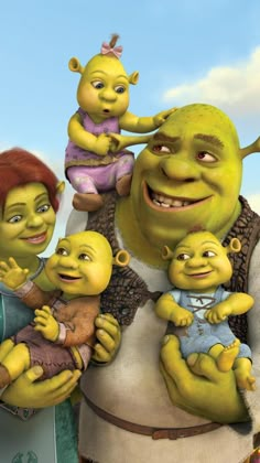 the shrap family is posing for a photo in front of a blue sky