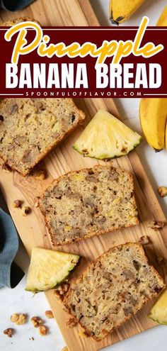 banana bread cut into slices on a cutting board