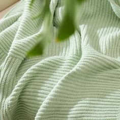 a blanket that is laying on top of a bed next to a plant with green leaves