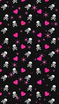 skulls and hearts on a black background with pink sparkles in the shape of stars