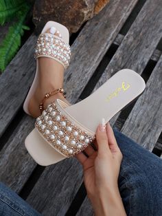 Women's Fashion Plus Size Open Toe Sandals, Anti-Slip Flat Sole, Faux Pearl Decorated, Outdoor Slippers, Beige Color Pearl Slides Beige Glamorous        Women Shoes, size features are:Bust: ,Length: ,Sleeve Length: Fancy Sandals, Women Flat Sandals, Pretty Sandals, Fashion Shoes Heels, Cute Shoes Heels, Fashion Slippers, Fancy Shoes, Girly Shoes, Cute Sandals