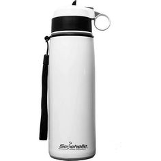 a white water bottle with a black lid