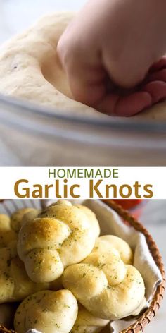 homemade garlic knots in a bowl with the title above it and an image of someone making them