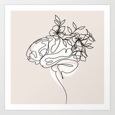 a black and white drawing of a brain with flowers on it's head art print