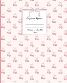 a pink notebook with cherries on it and a name tag attached to the cover