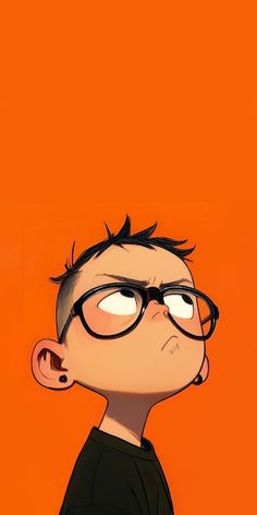 a boy with glasses looking up at an orange background