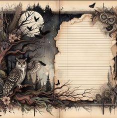 an old paper with owls and trees on it