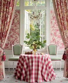 a table with a red and white checkered cloth on it in front of a window