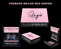 the box is pink and has gold confetti on it, along with other packaging materials