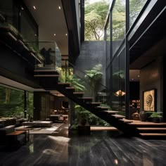 the inside of a modern house with wood flooring and glass railings on both sides