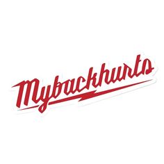 a red and white sticker with the word mybackhuns on it's side