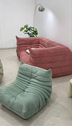 three different colored couches in a room with a potted plant on the floor