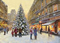 a painting of people walking in the snow near a christmas tree on a city street