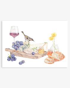 a watercolor painting of food and wine on a wooden tray with grapes, bread, cheese, crackers and a bird