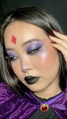 @clara.slays on ig and tiktok! Raven Halloween Costume Makeup, Raven Halloween Costume Teen Titans Makeup, Starfire Makeup Halloween, Raven Ttg Makeup, Raven Makeup Ideas Teen Titans, Raven Makeup Teen Titans Oc, Raven Titans Makeup, Raven Eye Makeup Teen Titans, Raven Makeup Look