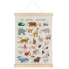 a wall hanging with animals and letters on it's side, in the shape of an animal alphabet