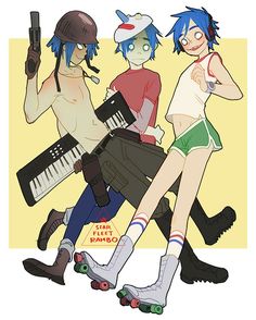 two anime characters one with blue hair and the other wearing green shorts, both holding musical instruments