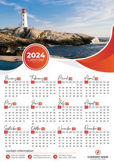 a calendar with the image of a lighthouse in the ocean and an orange wave on it