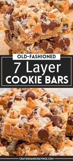 an old - fashioned 7 layer cookie bar with chocolate chips and marshmallows