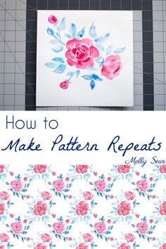 how to make pattern repeats with watercolor flowers on white paper and blue background