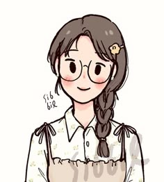 a drawing of a girl with glasses and a ponytail in her hair, wearing an apron