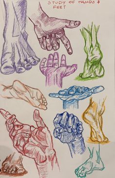 a drawing of hands and feet with colored pencils