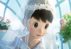 an animated image of a woman in a wedding dress and veil with flowers behind her