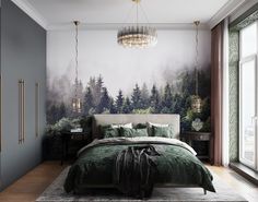 a bedroom with a large mural on the wall and a bed in front of it