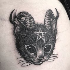 a black and white photo of a cat with horns on it's back shoulder