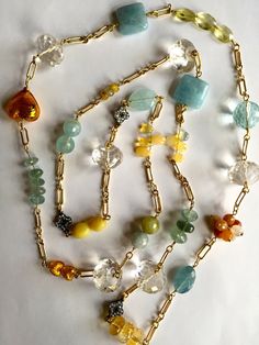 Aquamarine Citrine Gemstone Statement Necklace Long, Opal, Crackled Fire Agate, Murano Glass Heart, Multi Gemstone Necklace, Multicolor Bracelet, Gemstone Necklaces, Pearl Necklaces, Fire Agate, Wishful Thinking, Citrine Gemstone, Necklace Long, Glass Heart