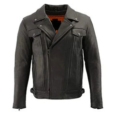 a black leather jacket with an orange patch on the chest and two zippers at the back