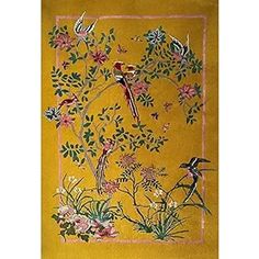 a painting with birds and flowers on yellow paper in front of a gold background,