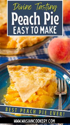 a piece of peach pie sitting on top of a blue plate