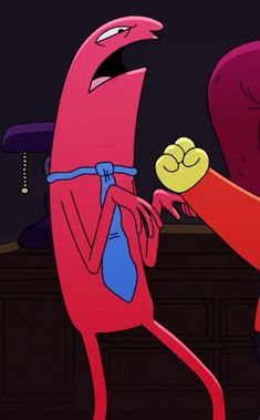 a cartoon character holding onto another character's arm