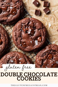 gluten free double chocolate cookies on a cooling rack with text overlay that reads gluten free double chocolate cookies