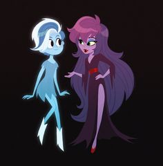 two cartoon characters standing next to each other on a dark background with one looking at the other