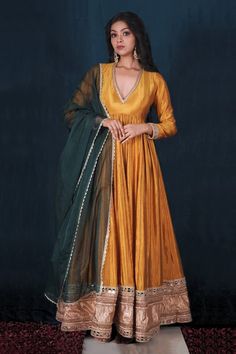 Yellow padded bodice pleated anarkali with placement gotas, mirror and lurex borders. Paired with a dupatta with a kiran lace border. - Aza Fashions Neckline For Anarkali, Flared Anarkali Kurta, Karwa Chauth Dress Anarkali Suits, Anarkali Silk Dress, Anarkali Designs From Saree, Anarkali Neck Pattern, Long Sleeves Anarkali Dress, Off Shoulder Anarkali Suits, Yellow Indowestern Outfits