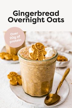 gingerbread overnight oats in a glass jar on a plate with gold spoons